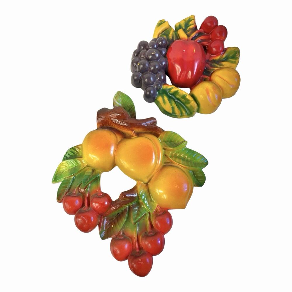 Vintage 1974 Set Of 2 Chalkware Fruit Harvest Wall Hanging Plaques Miller Studio